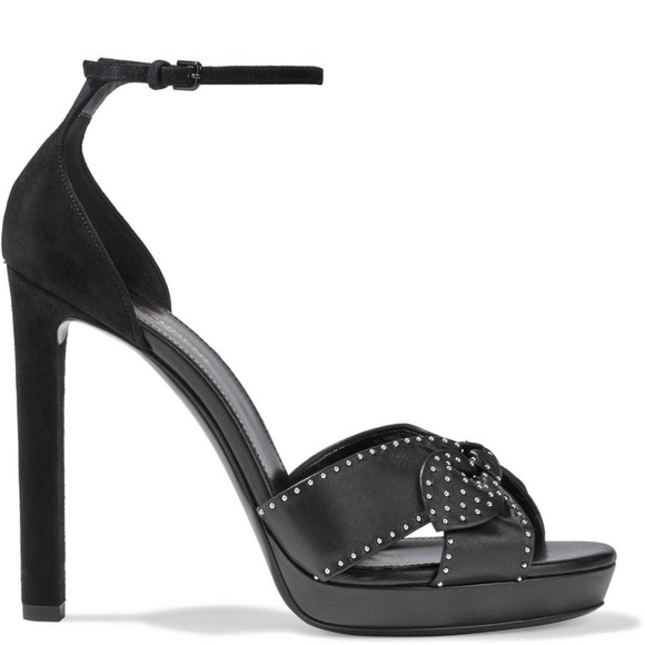 Saint Laurent bow embellished studded leather and suede platform heels - Picture 2 of 8